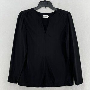 R Label Silk Blouse Women's Sz XS Black Plain V-Neck Pleated Back Puff Sleeves